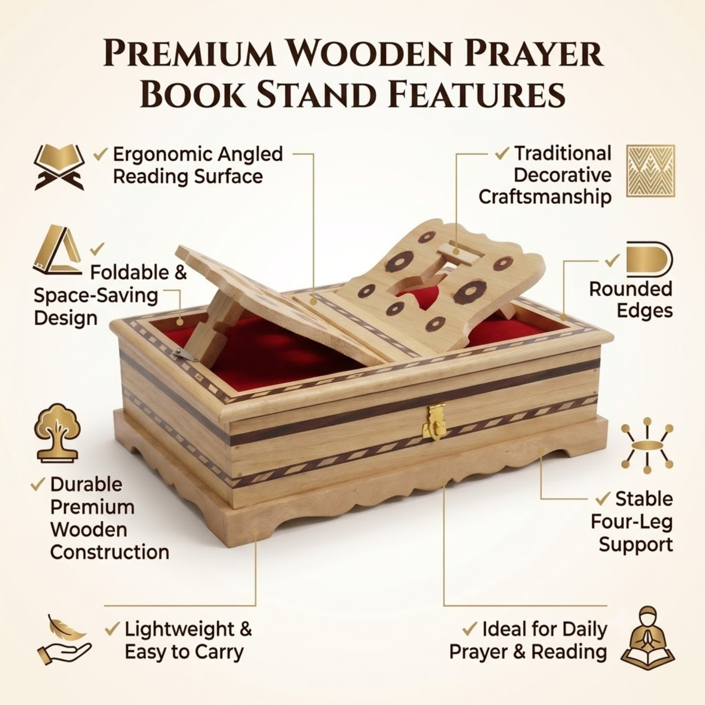 Santarms Handcrafted Wooden Holy Book Stand & Storage Box with Velvet Interior