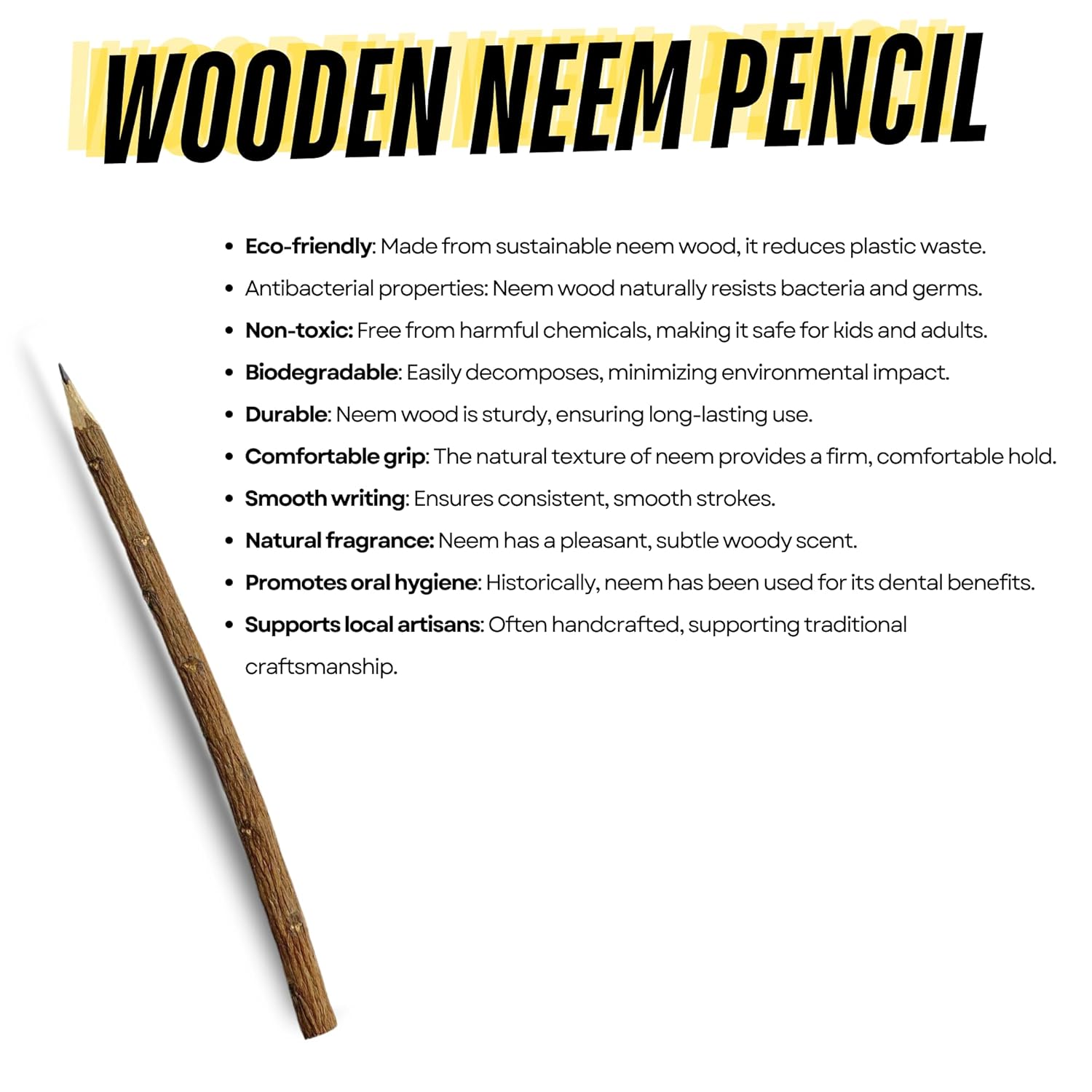 santarms Natural Neem Wooden Pencil (18 cm) Crafted from Pure Neem Wood - Perfect for Kids, Girls, and Boys Eco-Friendly and Durable Writing Tool Ideal for School Use and Thoughtful Gifting (set-1)