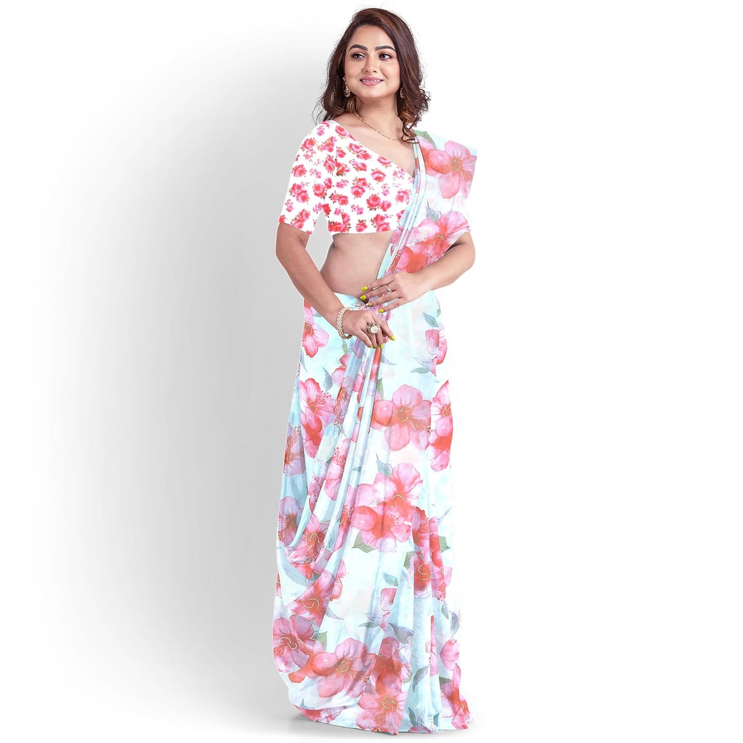 Hira Silk Organza Saree for Women, Printed Shiny Sari with Unstitched Blouse Piece for Women