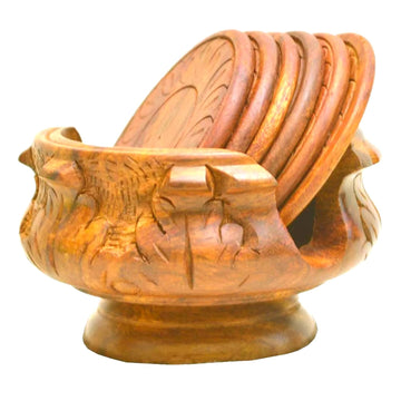 Santarms Handmade Round Wooden Tea Coaster Set (6 pcs) With Holder – A Premium Handcrafted Tableware Essential for Every Home & Office