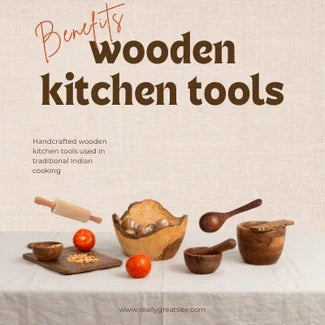 Handcrafted wooden kitchen tools used in traditional Indian cooking