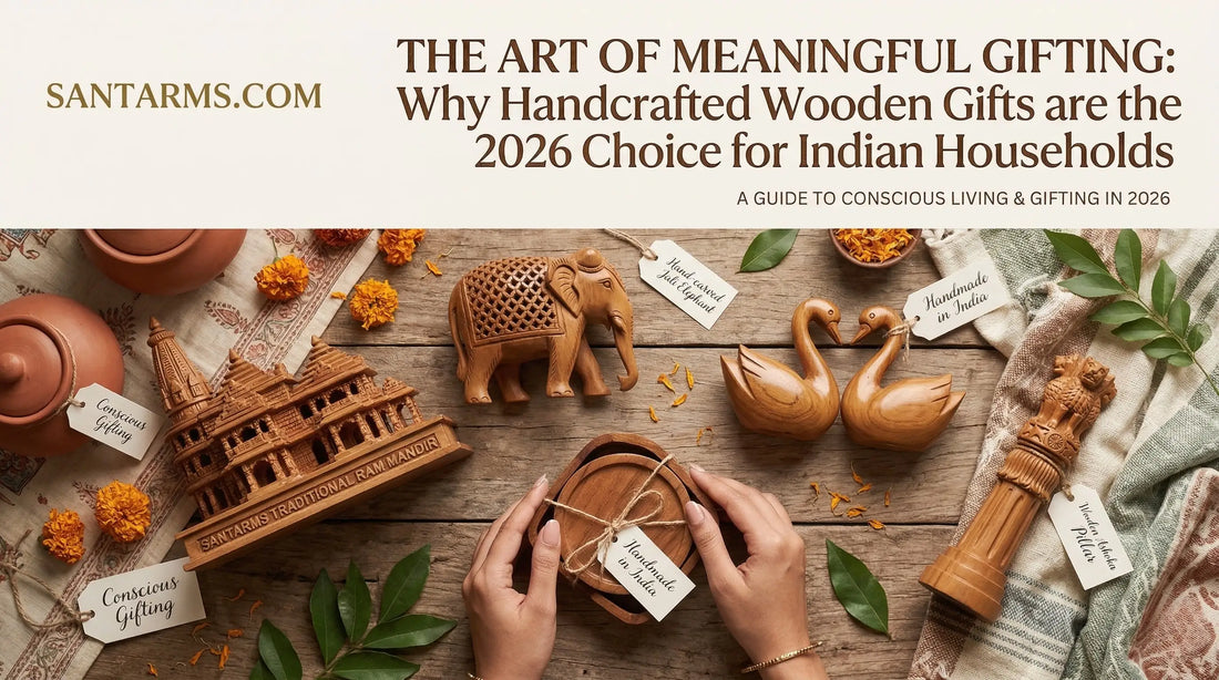 Handcrafted wooden home decor gifts including Ram Mandir model, Ashoka Pillar, and swan couple for 2026 Indian gifting trends