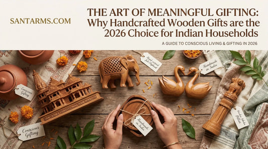 Handcrafted wooden home decor gifts including Ram Mandir model, Ashoka Pillar, and swan couple for 2026 Indian gifting trends