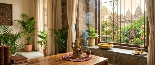 A traditional brass Ganesha idol and a smoking incense burner placed on a wooden table in a brightly lit room.