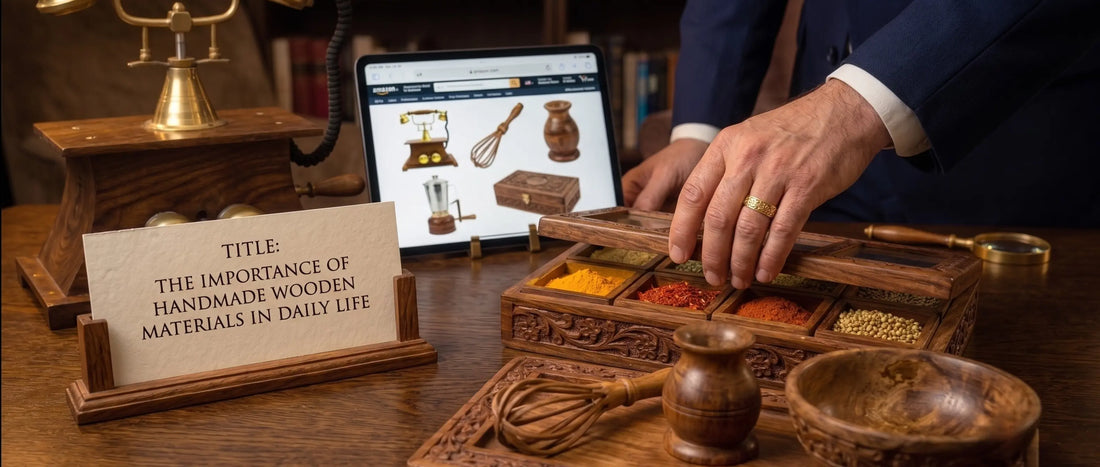 A warm, inviting scene showcasing various handmade wooden items on a desk