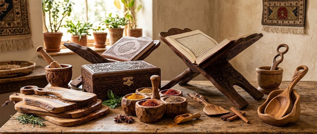 Handcrafted wooden Rehal, carved Quran box, and rustic wooden kitchen items with spices displayed on a table in a sunlit room