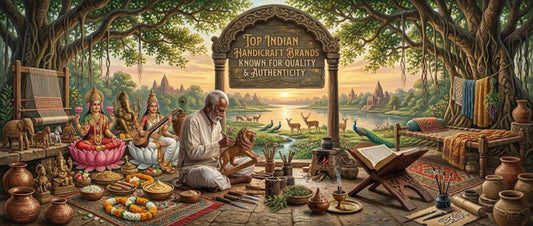 An illustrated painting of a traditional Indian artisan workshop scene set outdoors under the sprawling branches of ancient banyan trees. At the top-center, a large, ornate wooden arch-shaped sign is suspended, with clear text that reads: