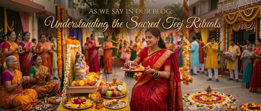 A centrally seated woman in a red saree, adorned with jewelry, holds a puja thali with diyas and flowers toward an elaborate altar with a deity murti and fruit offerings
