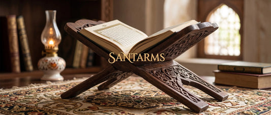 This image features an intricately carved, dark wooden Quran book stand (Rehal) holding an open Holy Quran.