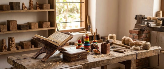 Assorted traditional handcrafted wooden items and toys on a rustic artisan workbench.