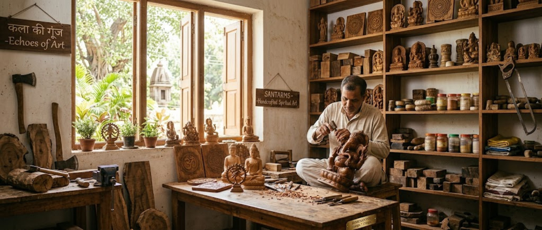 Santarms artisan hand-carving a wooden Rehal Quran box in a traditional workshop surrounded by handcrafted spiritual art.