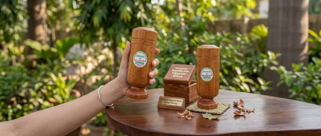 Handcrafted Santarms Vijaysar wooden tumblers for herbal therapy on a wooden table outdoors