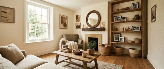 A warm, neutral-toned living space showcasing handcrafted wood decor, including a rustic coffee table and traditional wooden shelving.