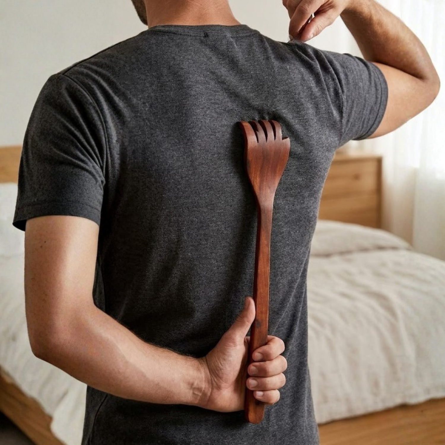 A man wearing a dark gray t-shirt stands in a bedroom holding a wooden salad spinner behind his back.
