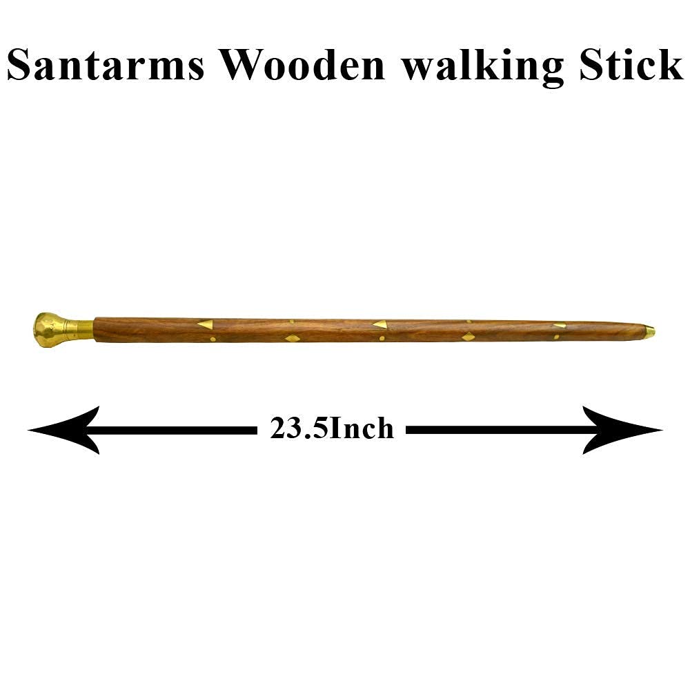 Santarms Morning Wooden Walking Stick with Brass Handle Handmade Solid Sheesham Rule Swagger for Self-Defense - Natural Wood Cane for Men & Women