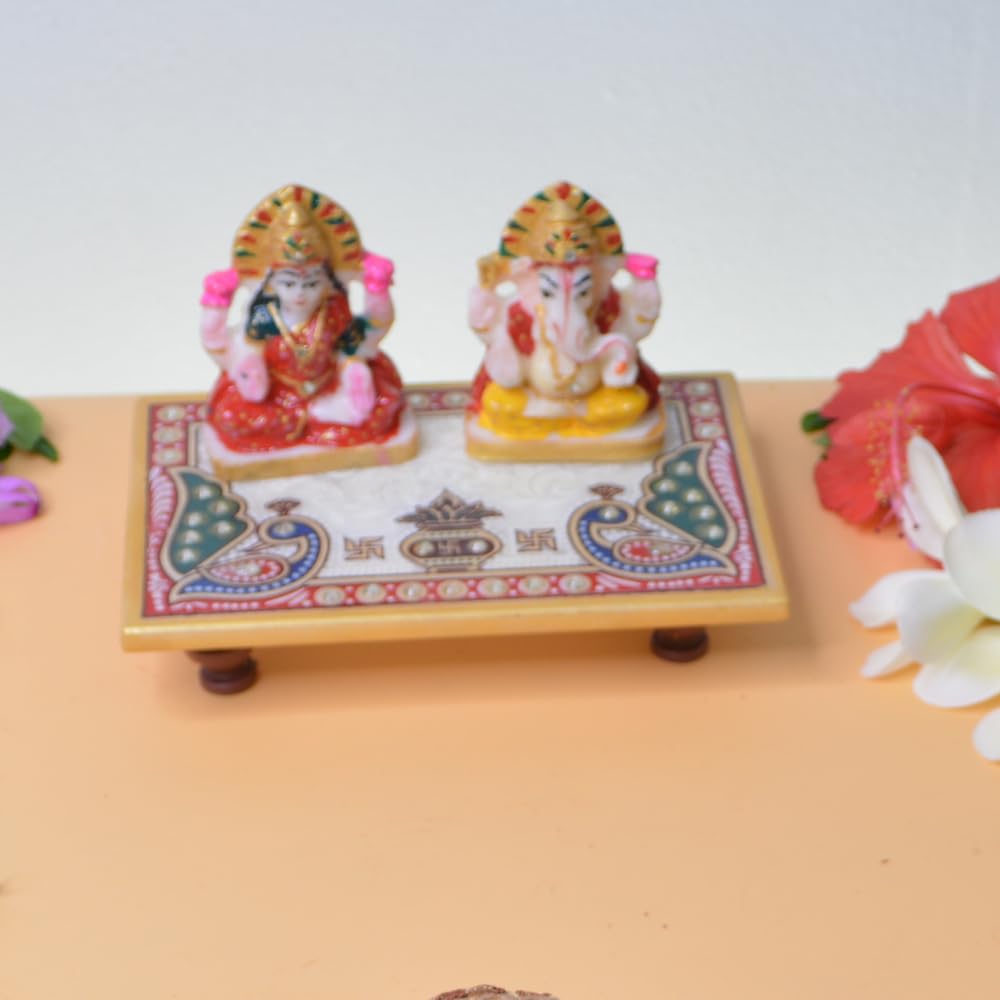 santarms Marble Laxmi Ganesh Idol with Chowki - Diwali Decorations and Pooja Gift Set, Perfect Diwali Gift, Pack of 1, Combo