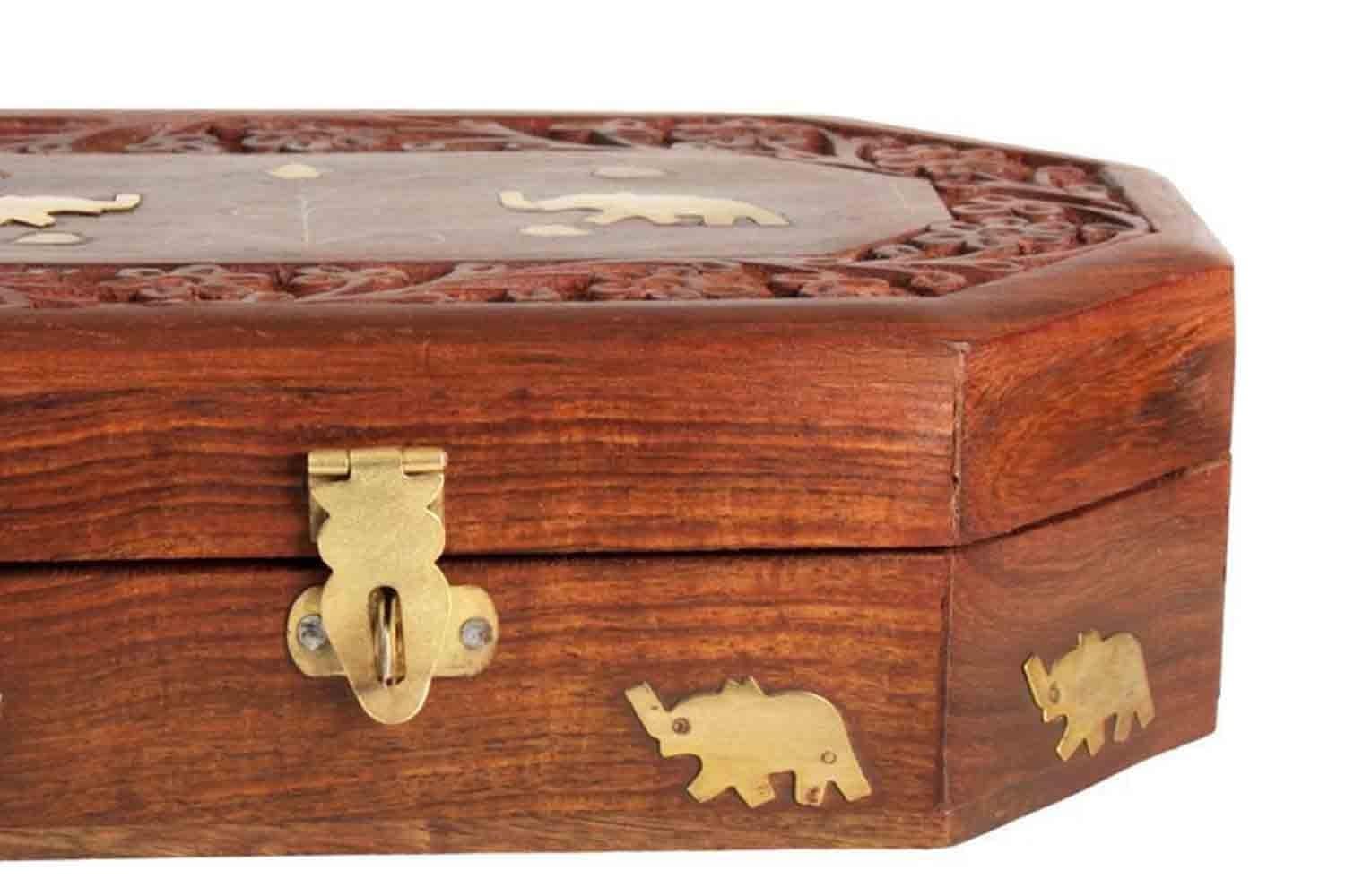 santarms Wooden Carved Box, Rosewood Jewellery Organizer, Elephant Design Vanity, Handmade Rajsthani Makeup Storage Box
