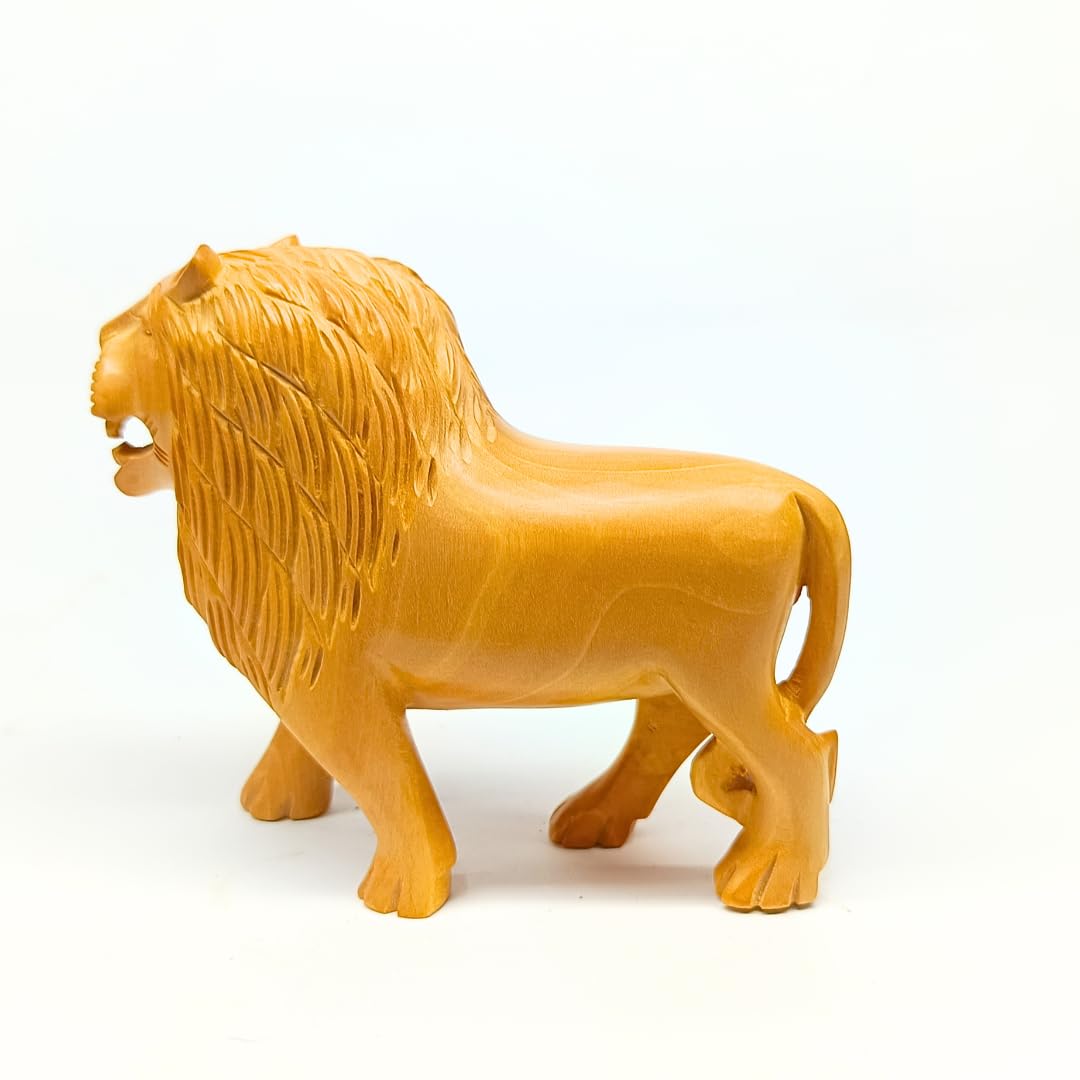 santarms Handmade Wooden Lion Statue Decoration for Home | 5-Inch Animal Collectible Figurine Antique Carved Sculpture Showpiece Elegant Wildlife Decor Accent