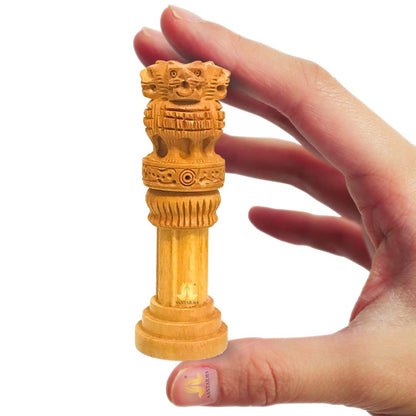 santarms Wooden Ashoka Stambh Pillar for Office Desk and Car Dashboard, Hand-Carved Sculpture Ashok Head/Piller for Table (4 Inch)