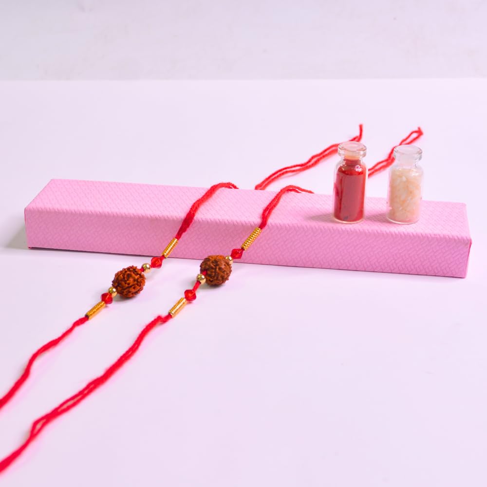 santarms Rakhi Gift Pack With Set Of 2 Rudraksh Rakhi, And Roli Chawal For Brother Branded Packaging