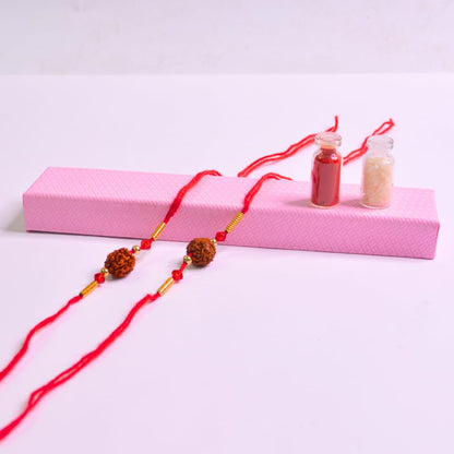 santarms Rakhi Gift Pack With Set Of 2 Rudraksh Rakhi, And Roli Chawal For Brother Branded Packaging