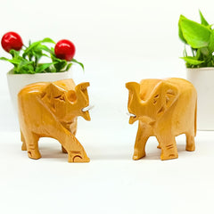 Santams Wooden Natural Original Elephant Idol Statue | Hathi Murti Figurine for Home Décor | Decorative Showpiece (2-Inch) | Shiny Look Elegant Accent 2Pcs