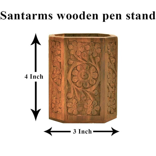 santarms Wooden Pen and Pencil Stand, Multipurpose Stationery Study Desk Organizer for Kids, Table, Office, Aesthetic Stylish Makeup Brush Holder