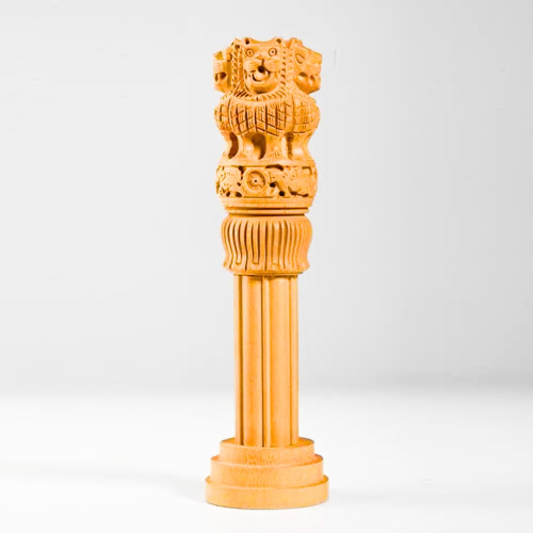 santarms Wooden Ashoka Stambh Pillar for Office Desk and Car Dashboard, Hand-Carved Sculpture Ashok Head/Piller for Table (3 Inch)