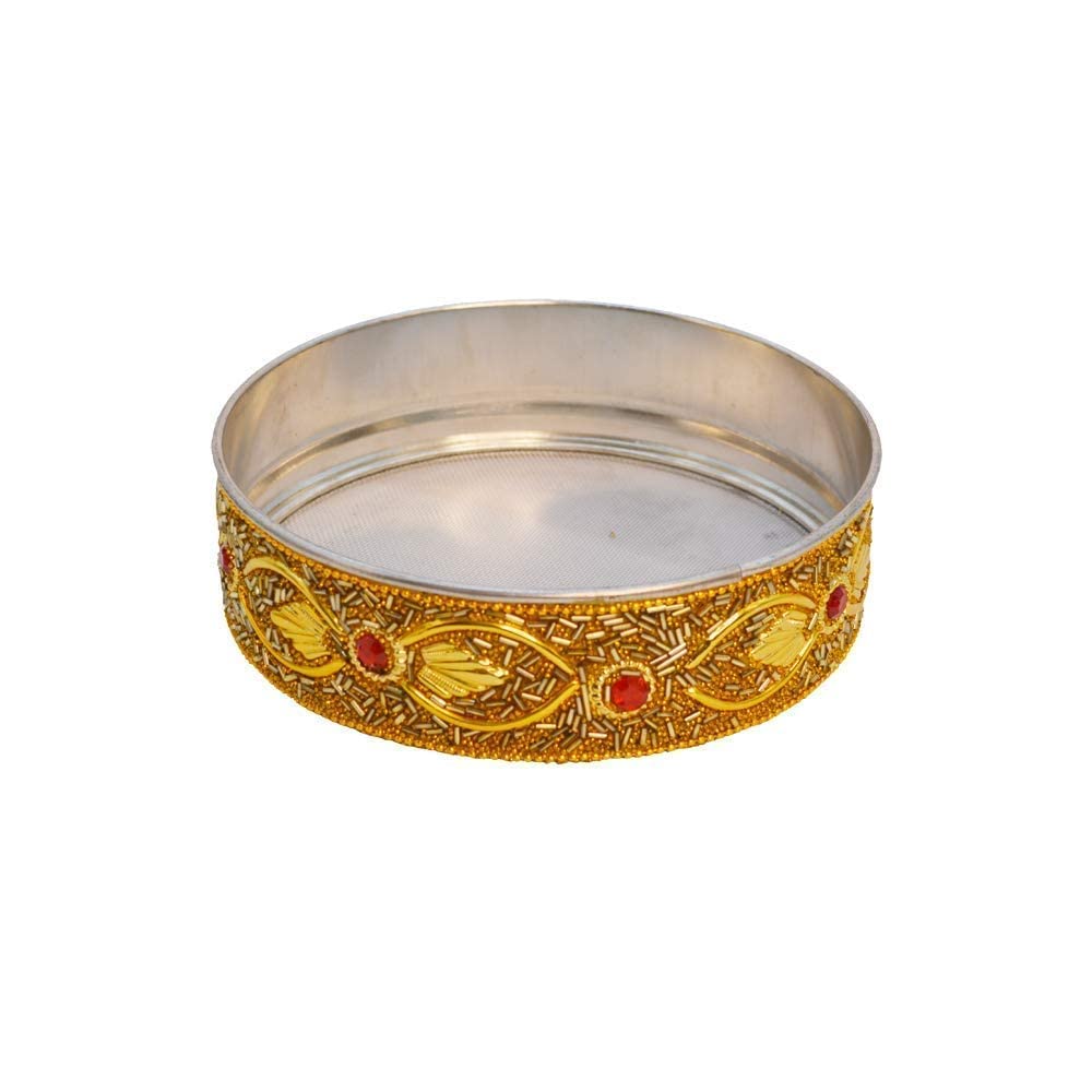 Santarms Karva Chauth Thaali Set Elegant Beaded Thali Combo with Kalash Chalni Diya Singhora Sindoor Box Includes 10 Grams of Red Sindoor Traditional and Decorative for Celebrating