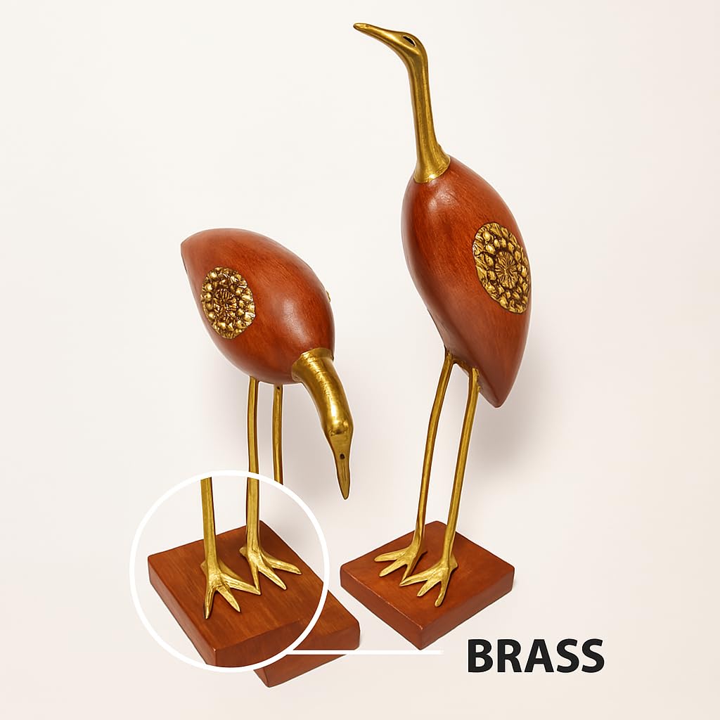 santarms Wooden and Brass Couple Swan for Home & Table Decor, Handmade Crane Decorative Item, Saras Love Birds Showpiece Figurine for Living Room and Bedroom