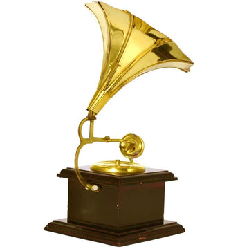 santarms Vintage Gramophone Antique Record Player Retro Music Lover's Collectible Classic Gramophone Decor Piece with Brass Horn & Wooden Base