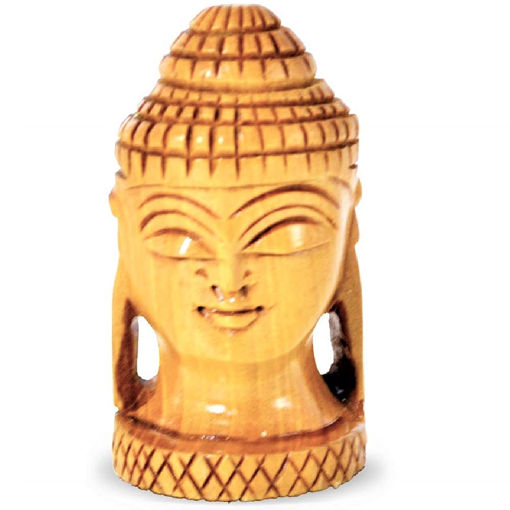 santarms Wooden Buddha Head Showpiece Statute Idol | Decorative Spiritual Vastu Item Office Desk Car Blessing Gift Religious & Murti for Mandir Temple Home Decor | 7 Cm