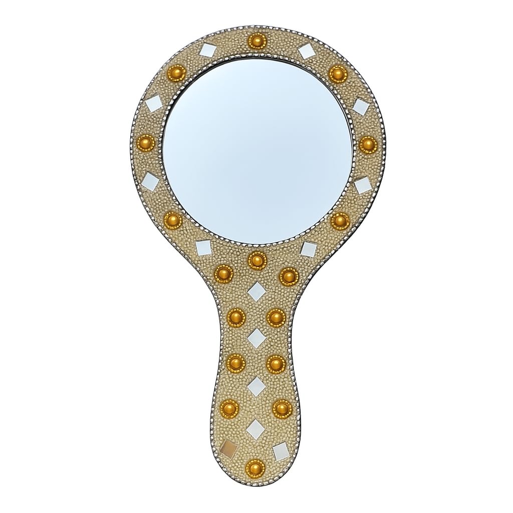 santarms Handcrafted Decorative Makeup Mirror – Vintage Handheld Vanity Mirror with Mirror Work, Pearls & Beads | Indian Traditional Design | Portable & Stylish Gift for Women, Pack of 1