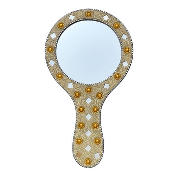 santarms Handcrafted Decorative Makeup Mirror – Vintage Handheld Vanity Mirror with Mirror Work, Pearls & Beads | Indian Traditional Design | Portable & Stylish Gift for Women, Pack of 1