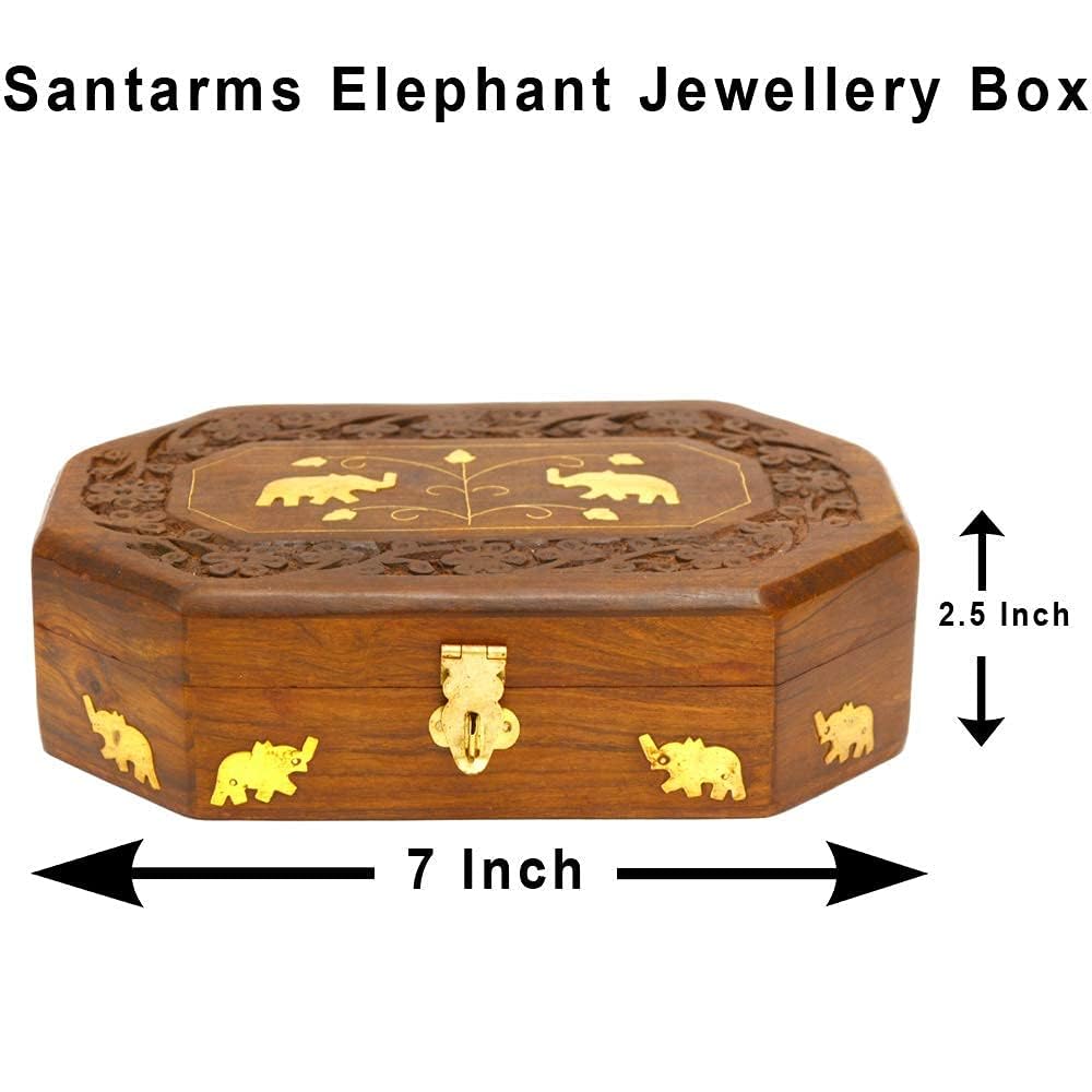 santarms Wooden Carved Box, Rosewood Jewellery Organizer, Elephant Design Vanity, Handmade Rajsthani Makeup Storage Box