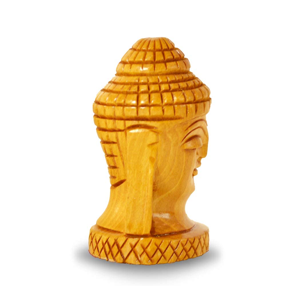 santarms Wooden Buddha Head Showpiece Statute Idol | Decorative Spiritual Vastu Item Office Desk Car Blessing Gift Religious & Murti for Mandir Temple Home Decor | 7 Cm