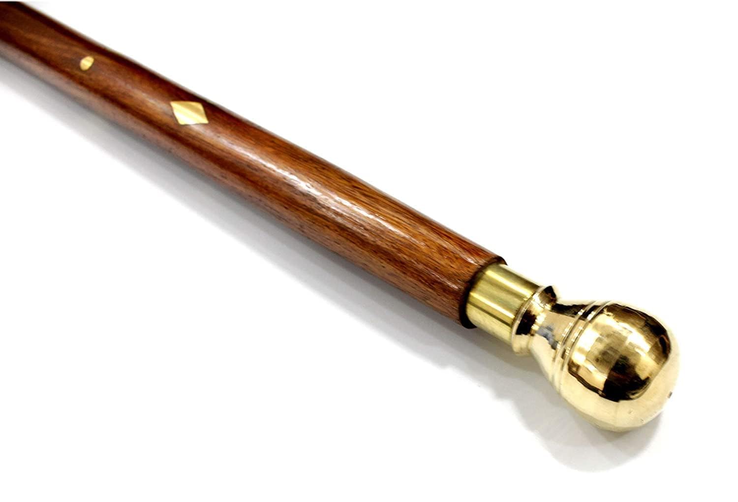 Santarms Morning Wooden Walking Stick with Brass Handle Handmade Solid Sheesham Rule Swagger for Self-Defense - Natural Wood Cane for Men & Women