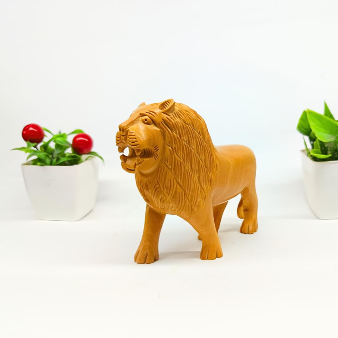santarms Handmade Wooden Lion Statue Decoration for Home | 5-Inch Animal Collectible Figurine Antique Carved Sculpture Showpiece Elegant Wildlife Decor Accent