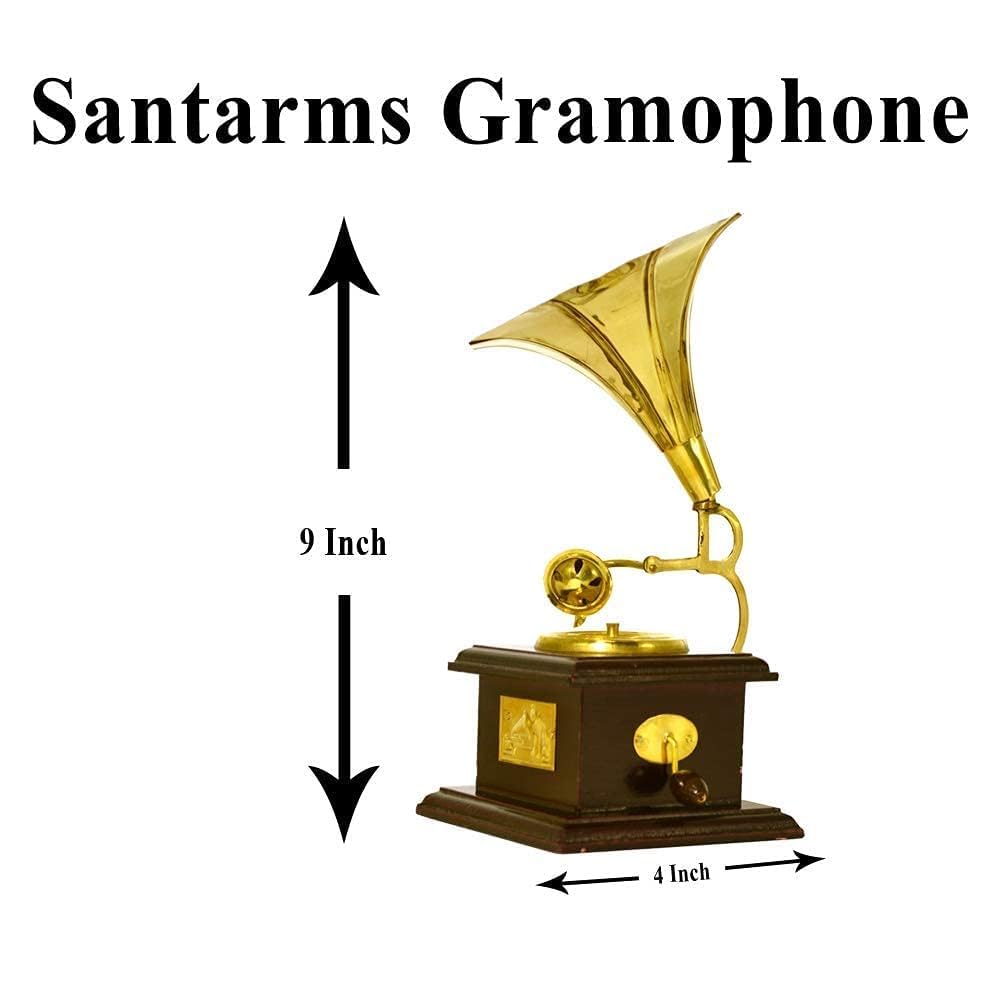 santarms Vintage Gramophone Antique Record Player Retro Music Lover's Collectible Classic Gramophone Decor Piece with Brass Horn & Wooden Base