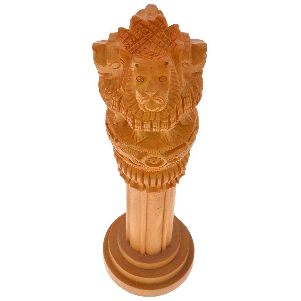 santarms Wooden Ashoka Head Pillar for Office Desk and Car Dashboard, Hand-Carved Sculpture Ashok Stambh/Piller for Table (3 Inch)