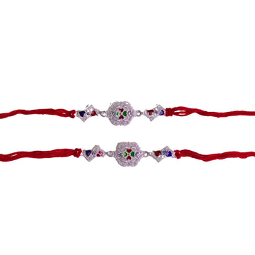 santarms Set of 2 Silver Flower Designer Rakhis with Red Threads, and Free Roli Chawal Pack - Rakhis for Brothers