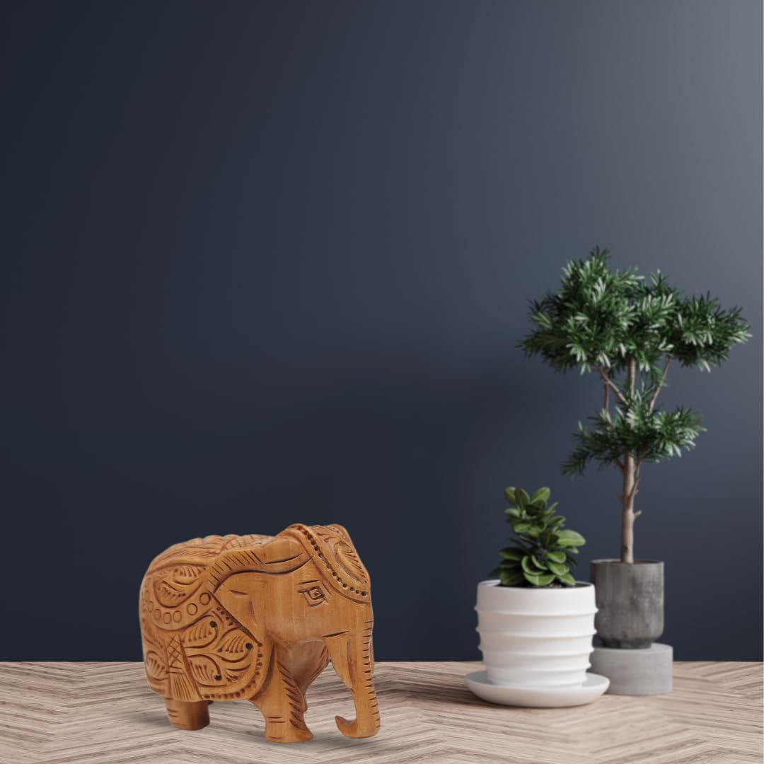 santarms Handcrafted Wooden Elephant Statue Idol – Exquisite 5-Inch Brown Carving Showpiece for Home Décor | Elegant Figurine Unique Accent