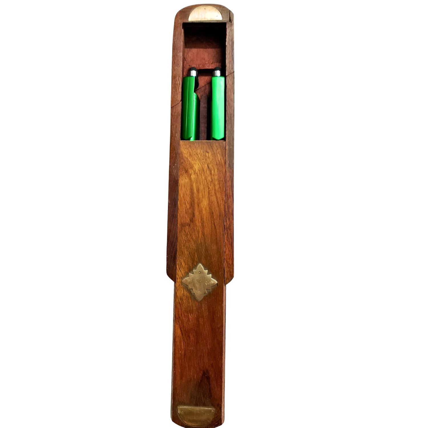 santarms Handmade Wooden School Pencil Box for Boys and Girls | Antique Sliding Lid Inlay Brass Pen Box for Kids