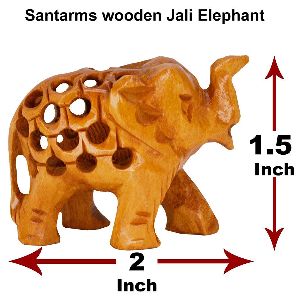 santarms Handcrafted Wooden Jali Elephant Statue Idol showpiece for Home Decor Items - (1.5 inch) (Brown)
