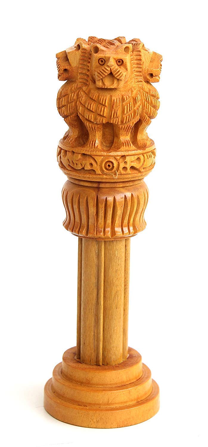 santarms Handmade Wooden Ashoka Head Pillar Lion Capital Miniature Statue | Bharat Symbol National Emblem for Office Table, Car Dashboard, Home Decor & Gifting (4inch)