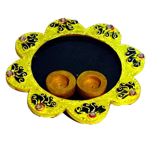 santarms "Wooden Pooja Thali for Puja and Rakhi - Handcrafted Flower Shape Yellow Thali, Perfect for Tilak and Rituals | Elegant and Decorative Pooja Plate | Pack of 1