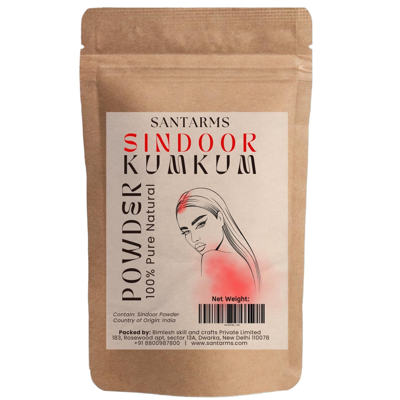Santarms Natural Laal Sindoor Powder for Women, Long-Lasting Red Kumkum Suhaag for Pooja, Daily Use - 250gm