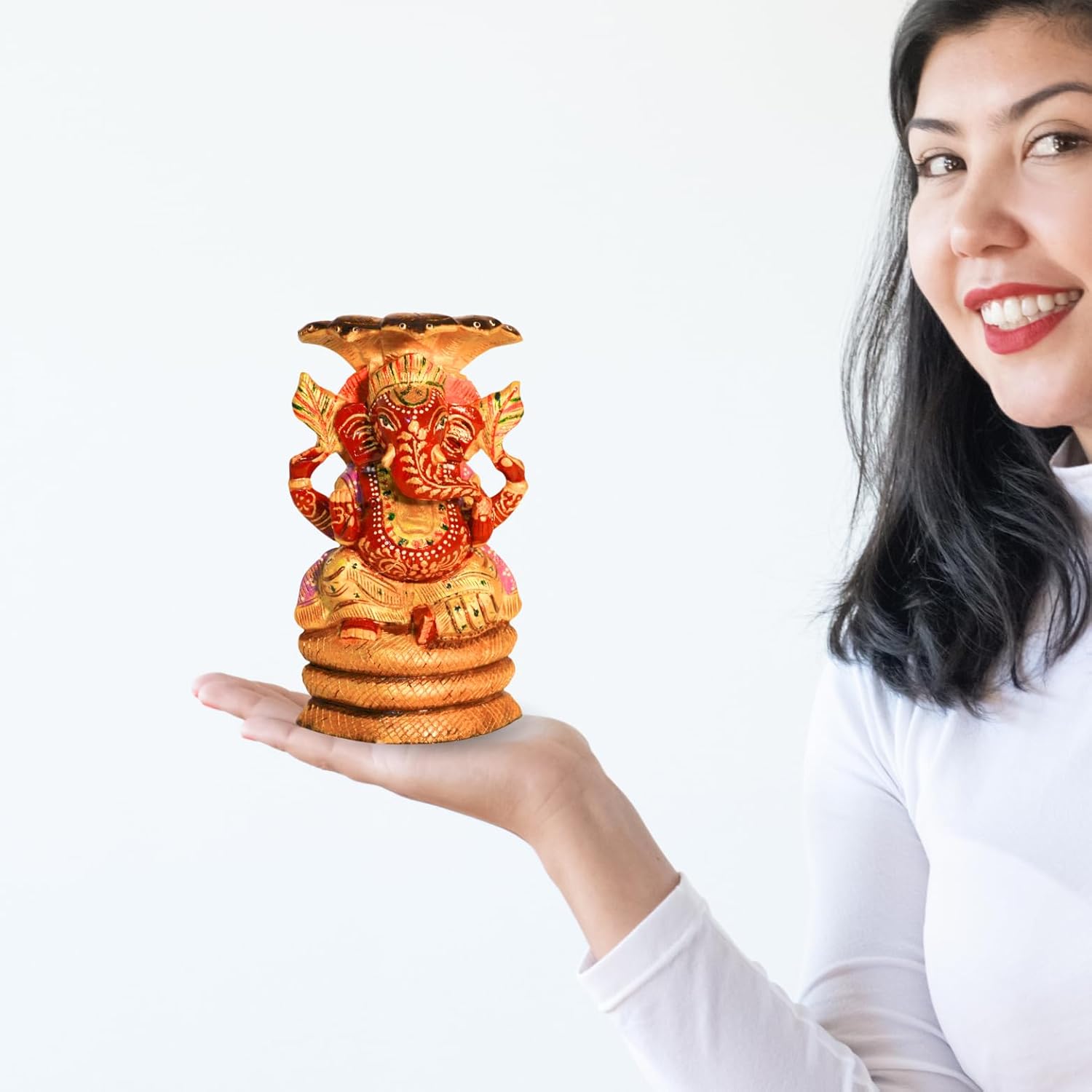 santarms Handmade Wooden Ganesh Ji on Sheshnaag Sitting Idol for Tabletop, Home & Office Decoration - Lord Ganesha, Vighnaharta, Vasuki Naag Pooja, Fine Ganapathi Showpiece, Best Gifting, Pack of 1