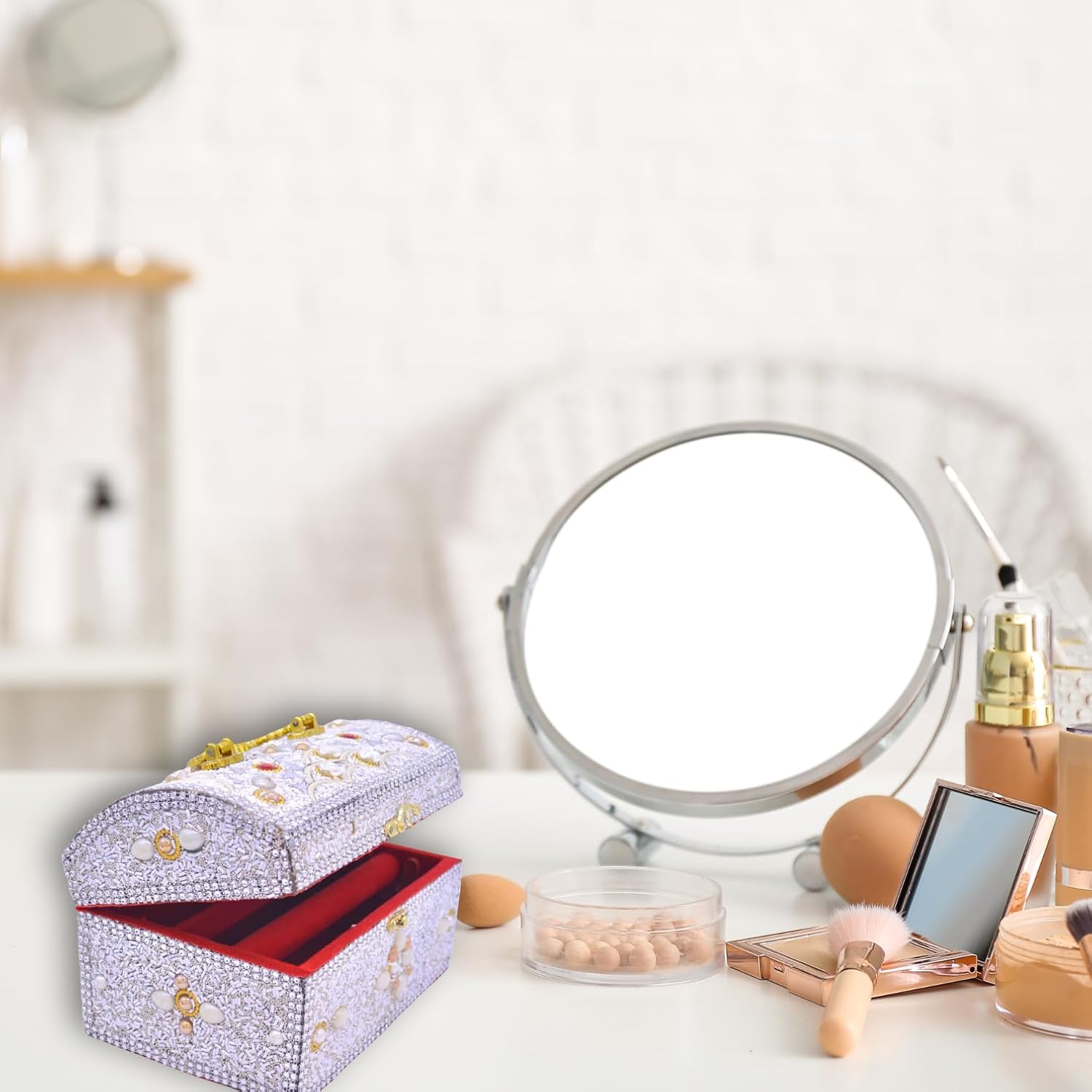 santarms Wooden Vanity Box for Women Bride Bridal - Professional Cosmetic Makeup Kit Storage Organizer with Compartment, Rajwada Jewellery Box with Lock System | Singardani (White), PACK OF 1