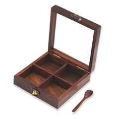 santarms handmade wooden masala box for kitchen Spice Boxes wooden dry fruit box 4 container dry fruits box - snacks box, masala box, use as jewellery box or chocolate box